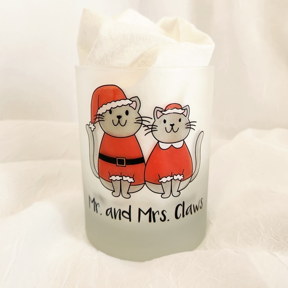 Culver Christmas Mr & Mrs Claws Cats Frosted Double Old Fashioned Glass 13.5 oz - Picture 3 of 5
